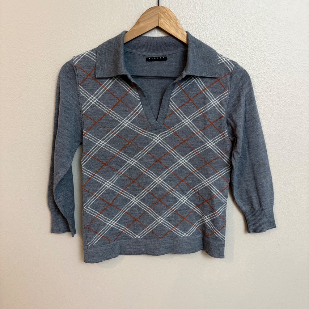 Sisley Sweater S Grey Argyle Wool Blend Preppy V-Neck Italy